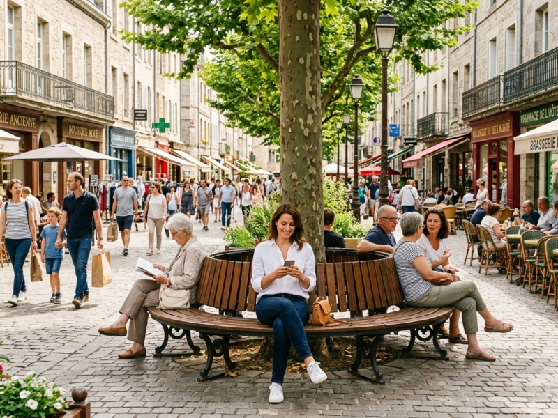 Scène urbaine animée : une femme assise sur un banc circulaire, arbres feuillus, terrasses et passants dans une rue commerçante de centre-ville ensoleillée.